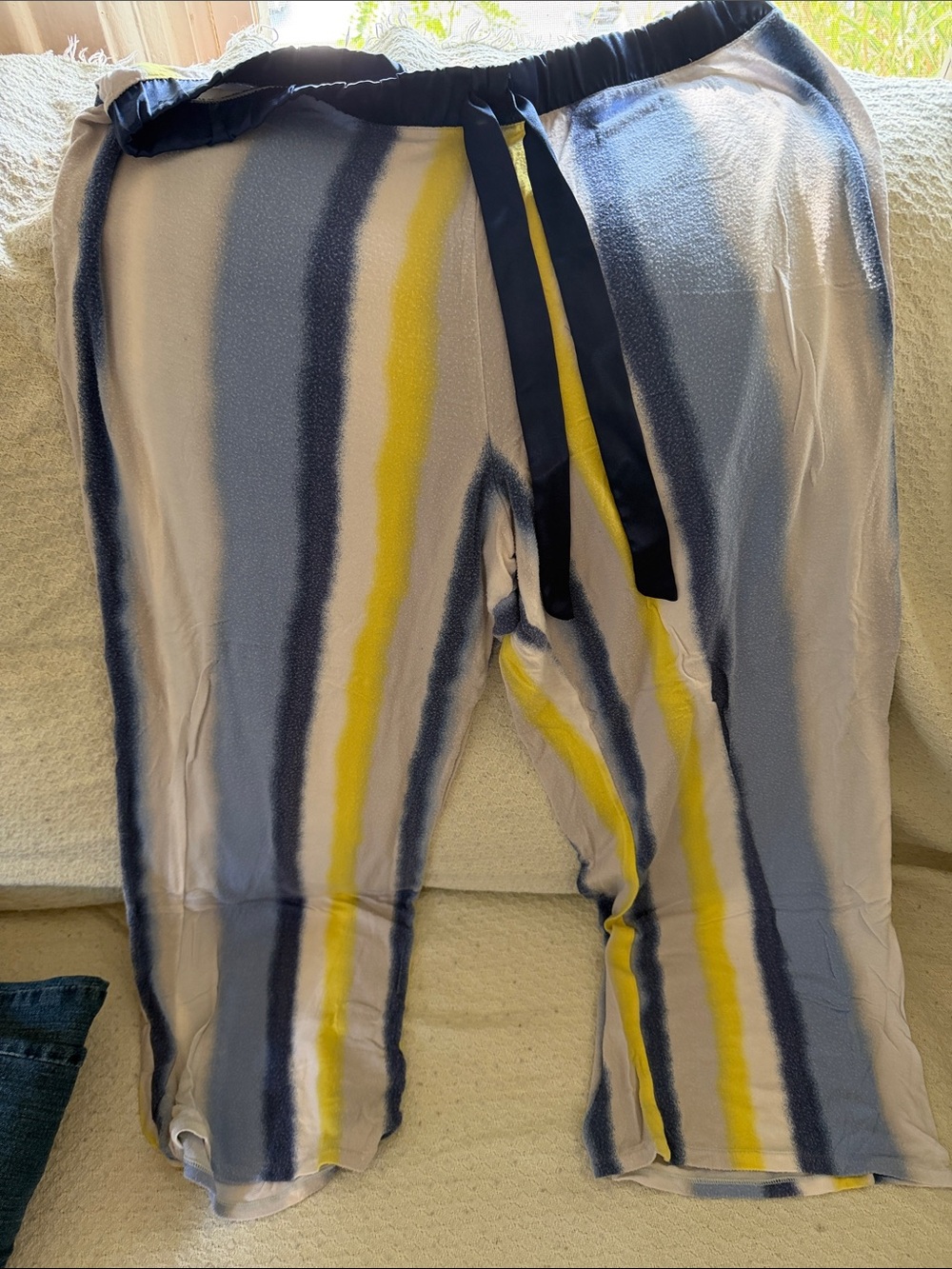 Women Striped Lounge Bottoms in Gray, Yellow & Navy